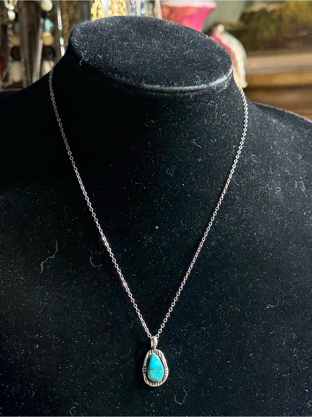 Vintage 925 Sterling Silver Turquoise Teardrop Pendant Necklace